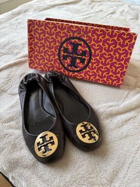 Tory Burch Dark Brown Leather Ballet Flats with Gold Logo